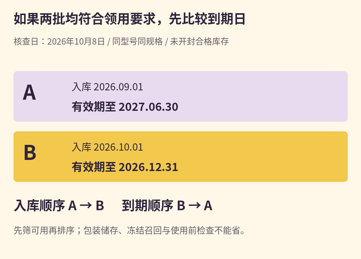 如果同型号两批均可用且符合领用要求，入库顺序A/B，到期顺序B/A。